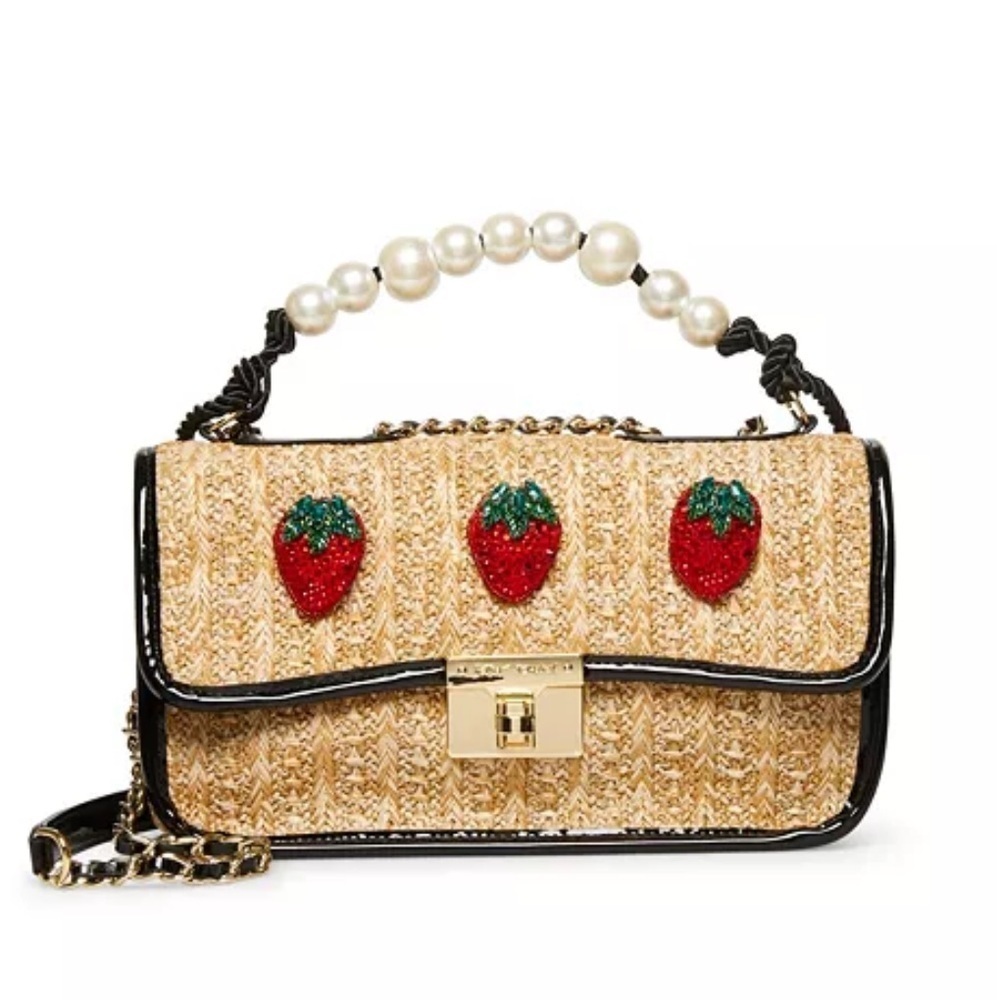 Betsey Johnson Strawberry Fields Top Handle Crossbody Bag Straw Pearls Natural - Picture 1 of 11